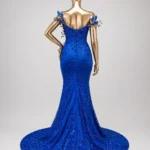 Cobalt Bloom Zigham evening gown, back mannequin view with train