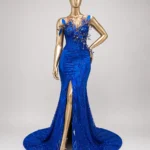 Cobalt Bloom Zigham evening gown, front mannequin view