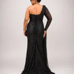 Éclat Noir Zigham black evening gown worn by model, back view