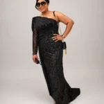 Éclat Noir Zigham black evening gown worn by model, front view