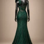 Emerald Nocturne Zigham gown, back view with dramatic train
