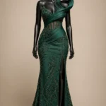 Emerald Nocturne Zigham gown, front view on black mannequin