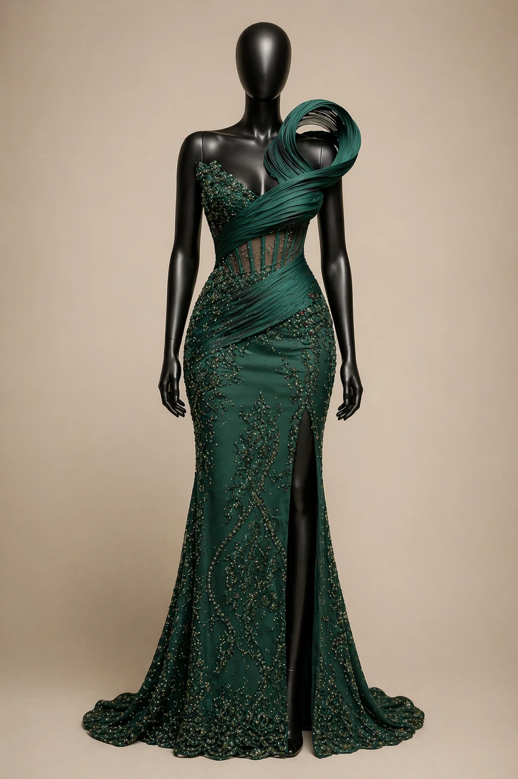 Emerald Nocturne Zigham gown, front view on black mannequin