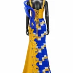 Golden Azure Zigham blue and gold statement gown, back view