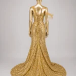 Golden Hour Zigham gold sequin gown, back mannequin view and train
