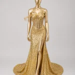 Golden Hour Zigham gold sequin gown, front mannequin view