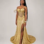Golden Hour Zigham gold sequin evening gown worn by model