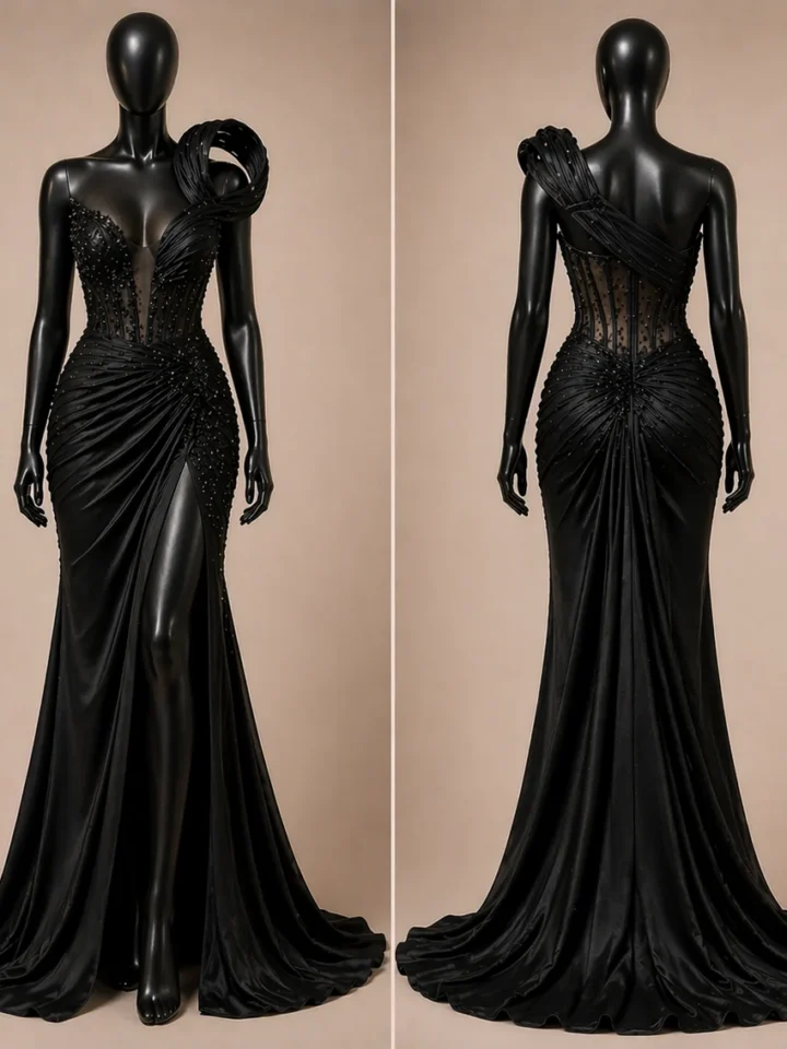 Midnight Slit Zigham black couture design board with front and back views