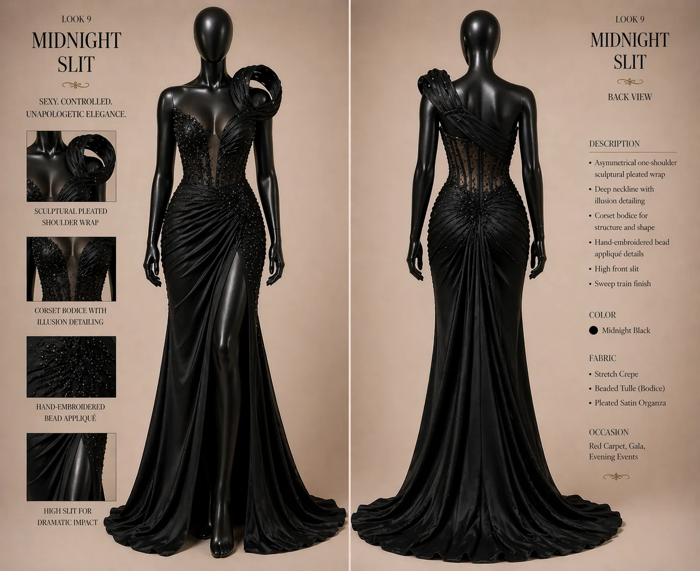Midnight Slit Zigham black couture design board with front and back views
