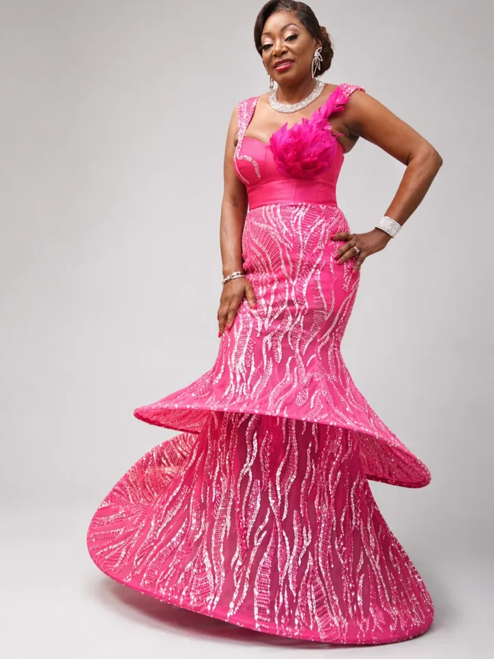 Ozzy Fuchsia Zigham sculpted mermaid gown worn by model