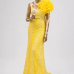 Ozzy Yellow Zigham gown, angled mannequin view