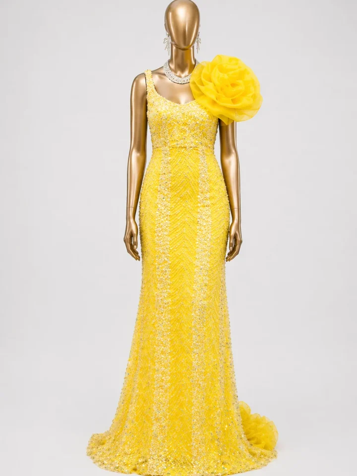 Ozzy Yellow Zigham embellished yellow gown, front mannequin view