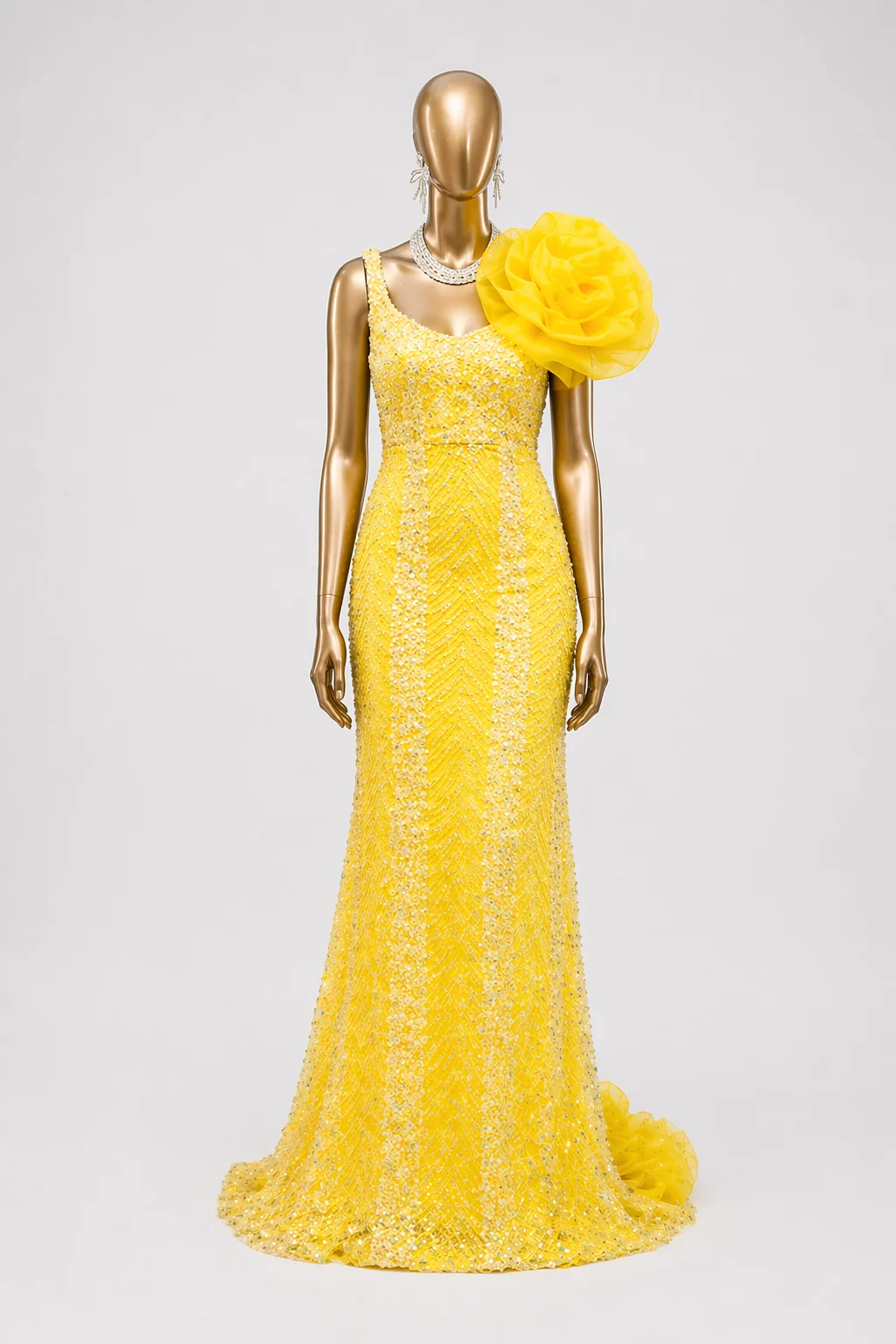 Ozzy Yellow Zigham embellished yellow gown, front mannequin view