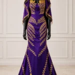 Royal Vine Zigham purple and gold gown, front mannequin view