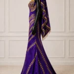 Royal Vine Zigham purple and gold gown, side view with draped head covering