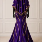 Royal Vine Zigham purple and gold gown, full back view with coordinating veil