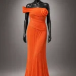 Tangerine Rose Zigham orange pleated gown, front mannequin view