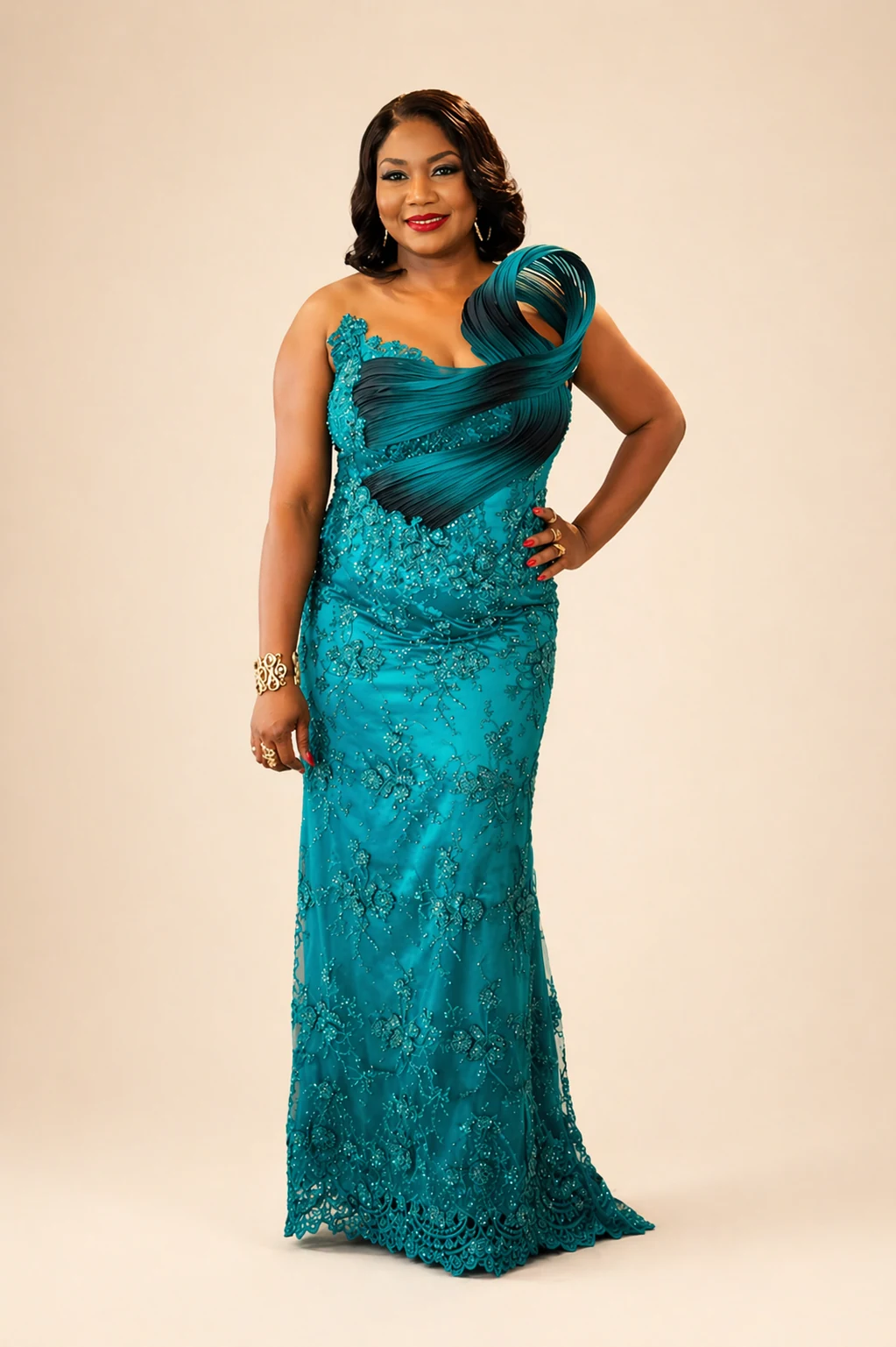 Teal Spiral Zigham beaded evening gown worn by model